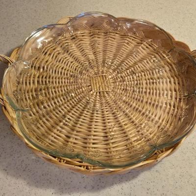 Large Wicker Platter Holder with Pressed Glass Flower Platter