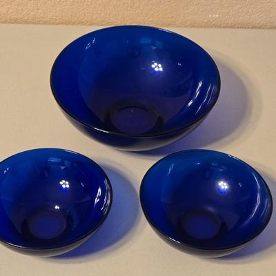 (3) Blue Glass Serving Bowls