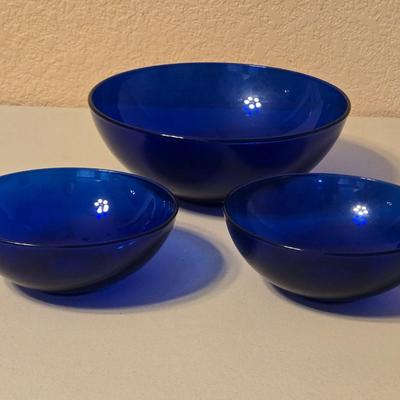 (3) Blue Glass Serving Bowls