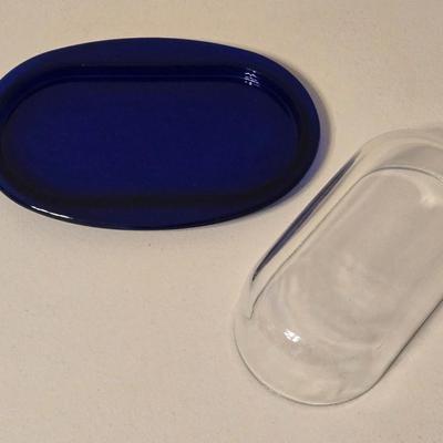 Vintage Blue & Clear Glass Butter Dish