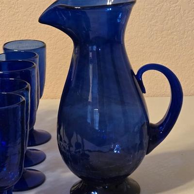 Vintage Blue Glass Goblets and Pitcher