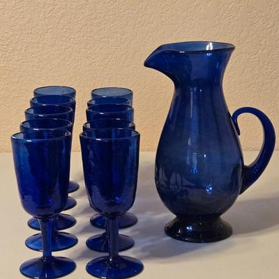 Vintage Blue Glass Goblets and Pitcher