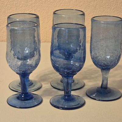 Vintage Lighter Blue Crackle Glass Goblets