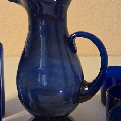 Vintage Blue Glass Tumblers, Juice Glasses and Pitcher