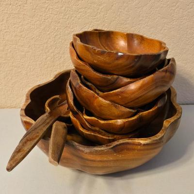 Vintage Wood Salad Bowls and Serving Bowl & Utensils