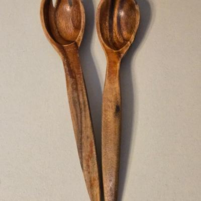 Vintage Wood Salad Bowls and Serving Bowl & Utensils