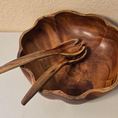 Vintage Wood Salad Bowls and Serving Bowl & Utensils