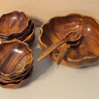 Vintage Wood Salad Bowls and Serving Bowl & Utensils