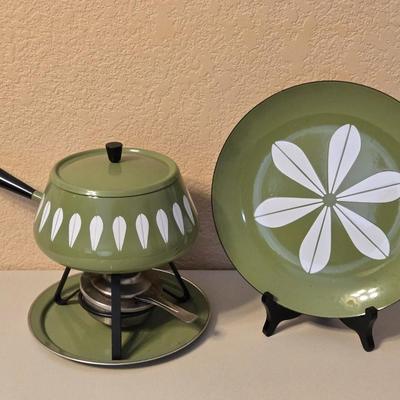 Vintage Mid Century Enamel Fondue Pot and Platter