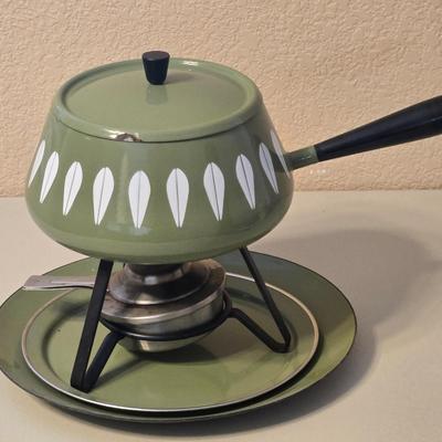 Vintage Mid Century Enamel Fondue Pot and Platter