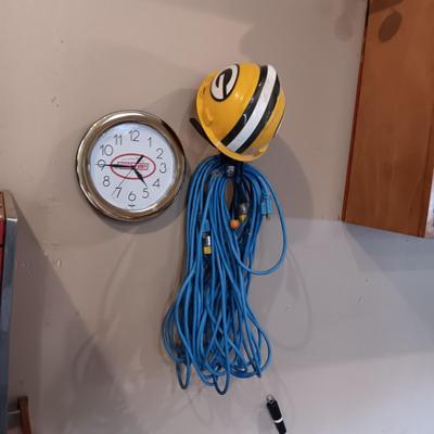GREEN BAY HARD HAT, FISHER PUMPS WALL CLOCK AND EXTENSION CORDS
