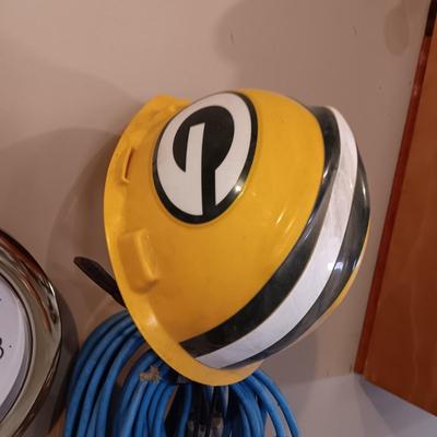 GREEN BAY HARD HAT, FISHER PUMPS WALL CLOCK AND EXTENSION CORDS