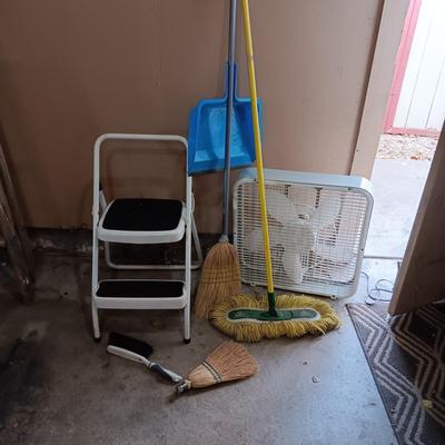 FOLDING STEP STOOL, BOX FAN AND FLOOR CARE