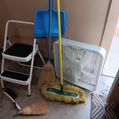 FOLDING STEP STOOL, BOX FAN AND FLOOR CARE