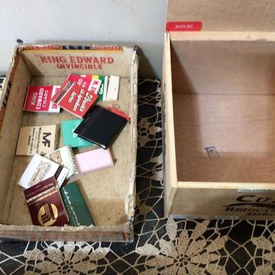 Match Books, Wood Covered Ashtray Holders Cigar Box.
