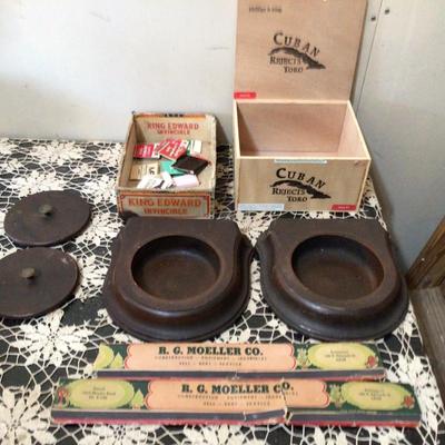 Match Books, Wood Covered Ashtray Holders Cigar Box.