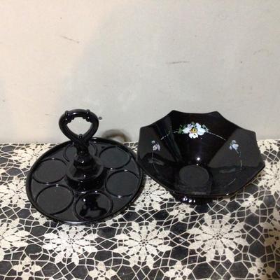 Black Glass Bowl and Bottle Tray