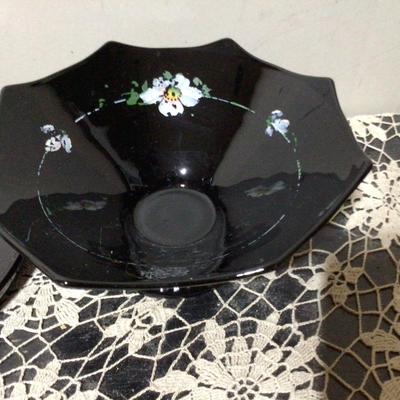 Black Glass Bowl and Bottle Tray