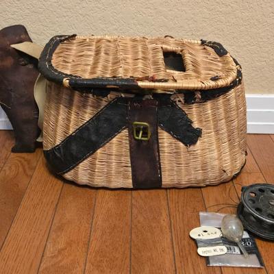 Antique Fishing Basket and Fly Reel