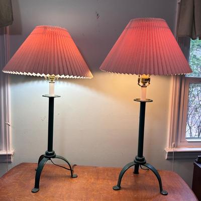 Pair of Green Metal Lamps with Pleated Shades (PB-BB)