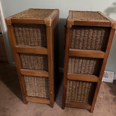 Two Woven Basket and Wood Storage Cabinets (PB-TF)