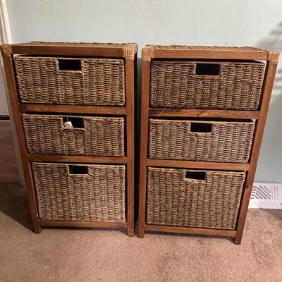 Two Woven Basket and Wood Storage Cabinets (PB-TF)