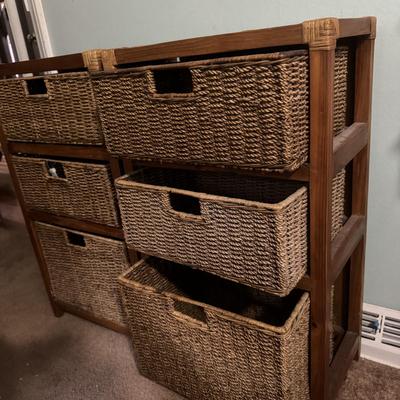 Two Woven Basket and Wood Storage Cabinets (PB-TF)