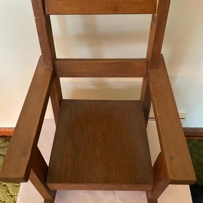 Small doll wood rocker with vintage stuffed animal