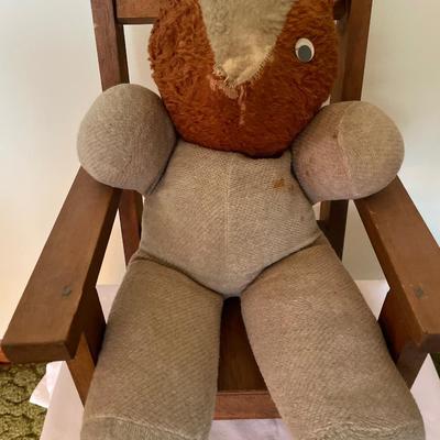 Small doll wood rocker with vintage stuffed animal