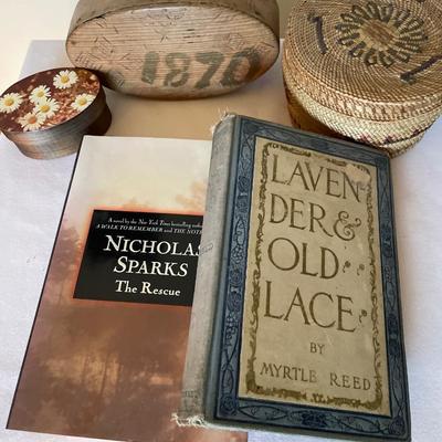 Vintage boxes and 2 hardcover books
