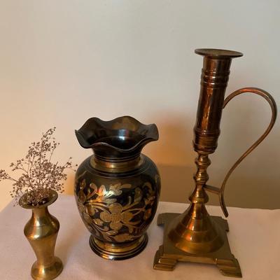 Vintage brass vases and candle stick holder