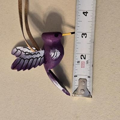 Hand Carved and Painted Wood Hummingbird Ornament with Leather Loop