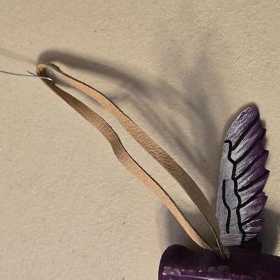 Hand Carved and Painted Wood Hummingbird Ornament with Leather Loop