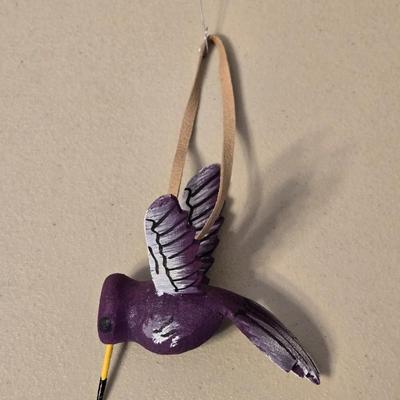 Hand Carved and Painted Wood Hummingbird Ornament with Leather Loop