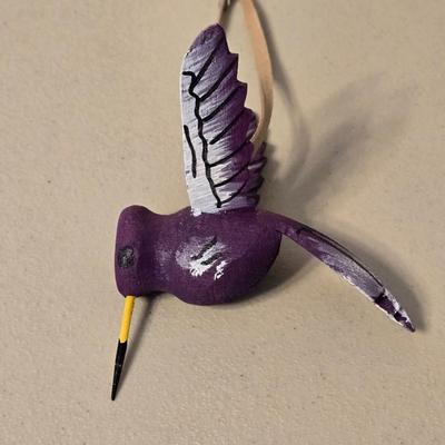 Hand Carved and Painted Wood Hummingbird Ornament with Leather Loop