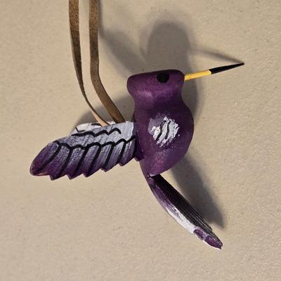 Hand Carved and Painted Wood Hummingbird Ornament with Leather Loop