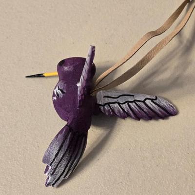 Hand Carved and Painted Wood Hummingbird Ornament with Leather Loop