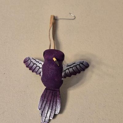 Hand Carved and Painted Wood Hummingbird Ornament with Leather Loop
