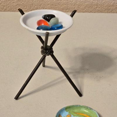 Mid Century Small Enamel Dish and Tripod Deco