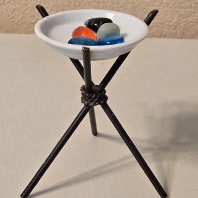 Mid Century Small Enamel Dish and Tripod Deco