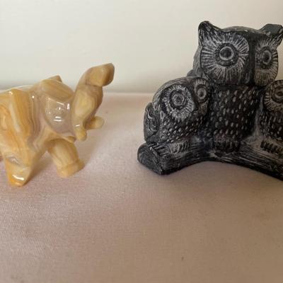 Vintage Owls on a branch by Wolf Sculptures & marble elephant
