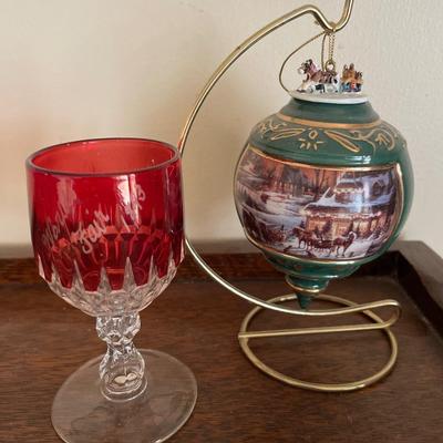 Terry Redlin ornament and Worlds Fair 1893 small goblet depression glass