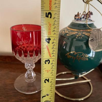 Terry Redlin ornament and Worlds Fair 1893 small goblet depression glass