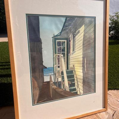 Sale Photo Thumbnail #22: Depicting a cat on the stairs of a beach house path leading to the ocean. In a custom maple wood frame
29" x 23.25" Framed