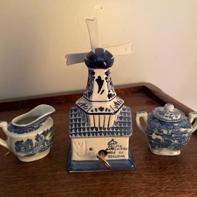 Delft music box, windmill and Japan cream and sugar