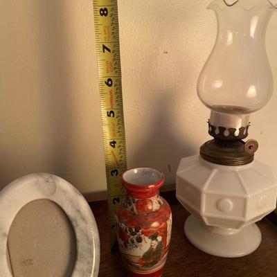 Milk glass oil lamp, Asian vase and marvel picture frame