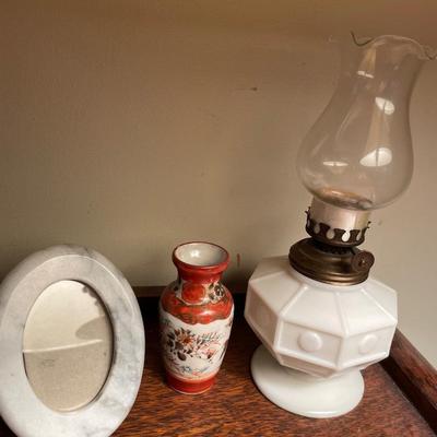 Milk glass oil lamp, Asian vase and marvel picture frame