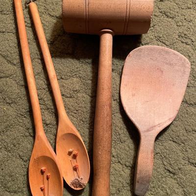Wood kitchen spoons and mallet