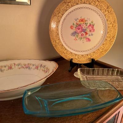 Vintage 2 glass butter dishes and a plate and bowl