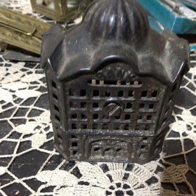 Cast Iron House Bank, Metal Compase Measuring Device, Brass Skating Lamp